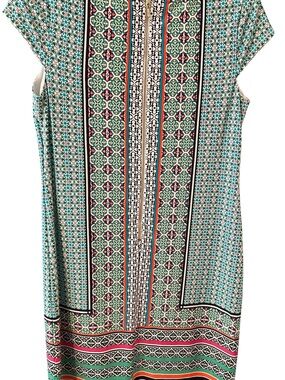 NWOT Cato Sleeveless Tunic Dress in Teal, Cream & Pink Geometric Print